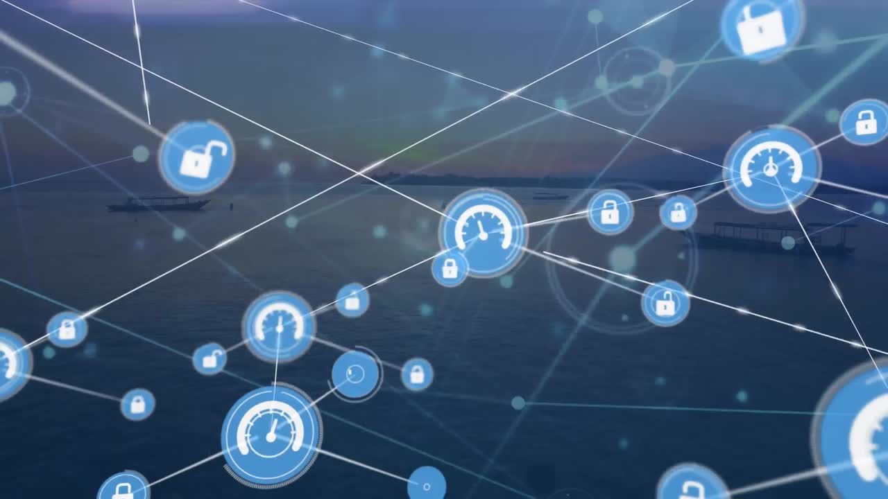 Animation of network of digital icons against aerial view of boats in the sea and sunset sky