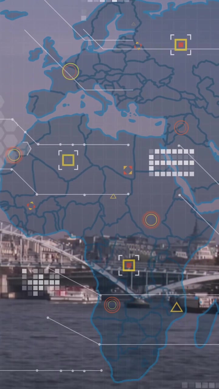 Animation of financial data processing over cityscape
