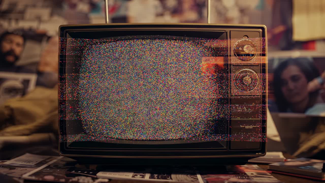 Ricezione statica di una TV CRT vintage che mostra colori statici cangianti su una scrivania con riviste e foto