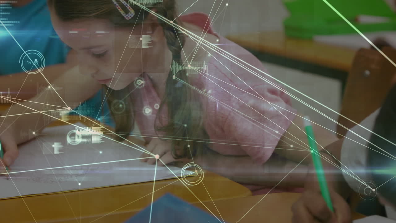 animación de la red de conexiones entre diversos escolares que aprenden en el aula