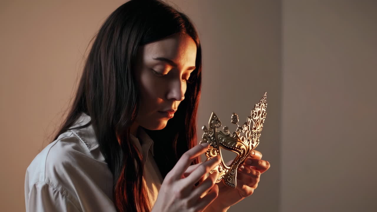 Woman holding an ornate golden mask to her face