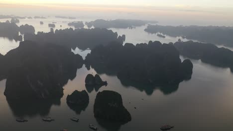 Aerial-view-of-Ha-Long-Bay-at-sunrise,-UNESCO-heritage-Vietnam