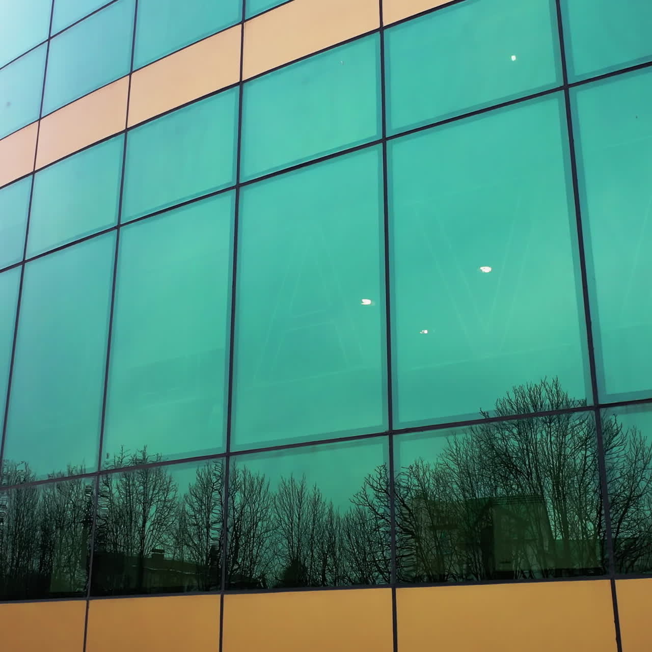 Futuristic design of skyscraper with glass mirrow windows outdoors. Modern office building glass facade reflecting trees and roofs of the houses. Motion camera left.