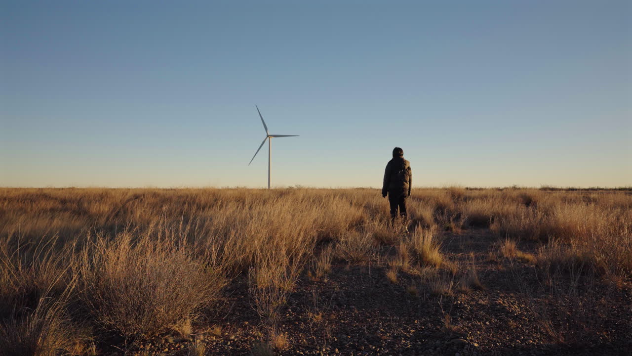 Vrouw loopt naar een gigantische windturbine voor duurzame energie in uitgestrekt droog grasland.
