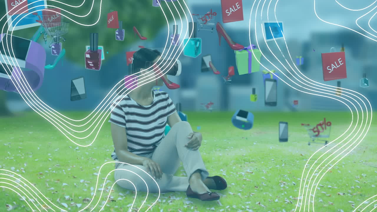 ⁇ 색 윤 ⁇  선과 아이콘의 애니메이션이 바 ⁇ 에서 vr 헤드 ⁇ 을 착용한 여성 위로 움직인다