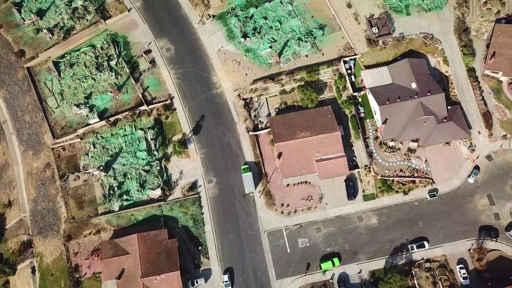 2017 - aerial over a neighborhood in Ventura California destroyed by the Thomas fire 4
