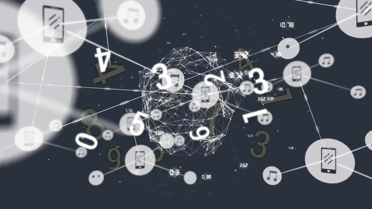 검은색 배경에 데이터 처리에 대한 아이콘으로 연결 네트워크의 애니메이션