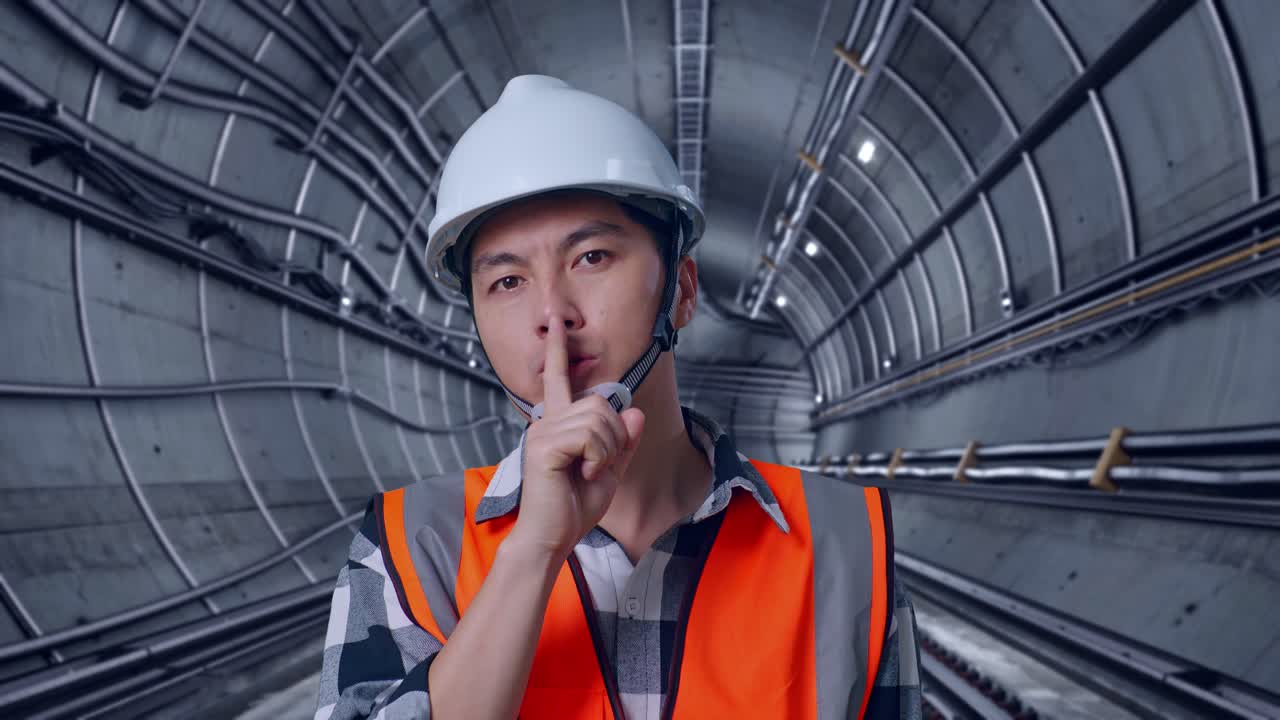 Close Up Of Asian Male Engineer With Safety Helmet Making Shh Gesture While Standing In Underground Subway Tunnel