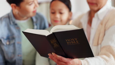 religion, bible and family reading at their home