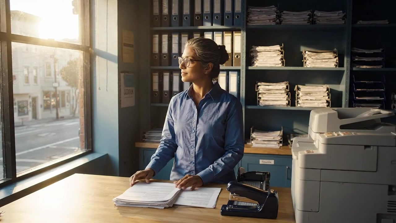 Focused Professional in Office Setting Overlooking City Streets, Engaged with Documents and Modern Office Equipment Amidst Organized Workspace Environment