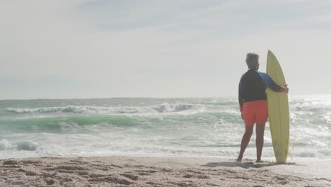 back view of senior hispanic woman standing on beach with surfboard