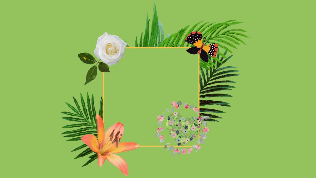 Animation of foliage, butterfly, heart and flowers framing square copy space on light green
