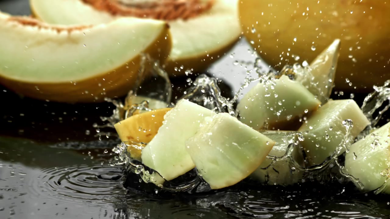 Slow Motion of Melon Pieces Falling into Water