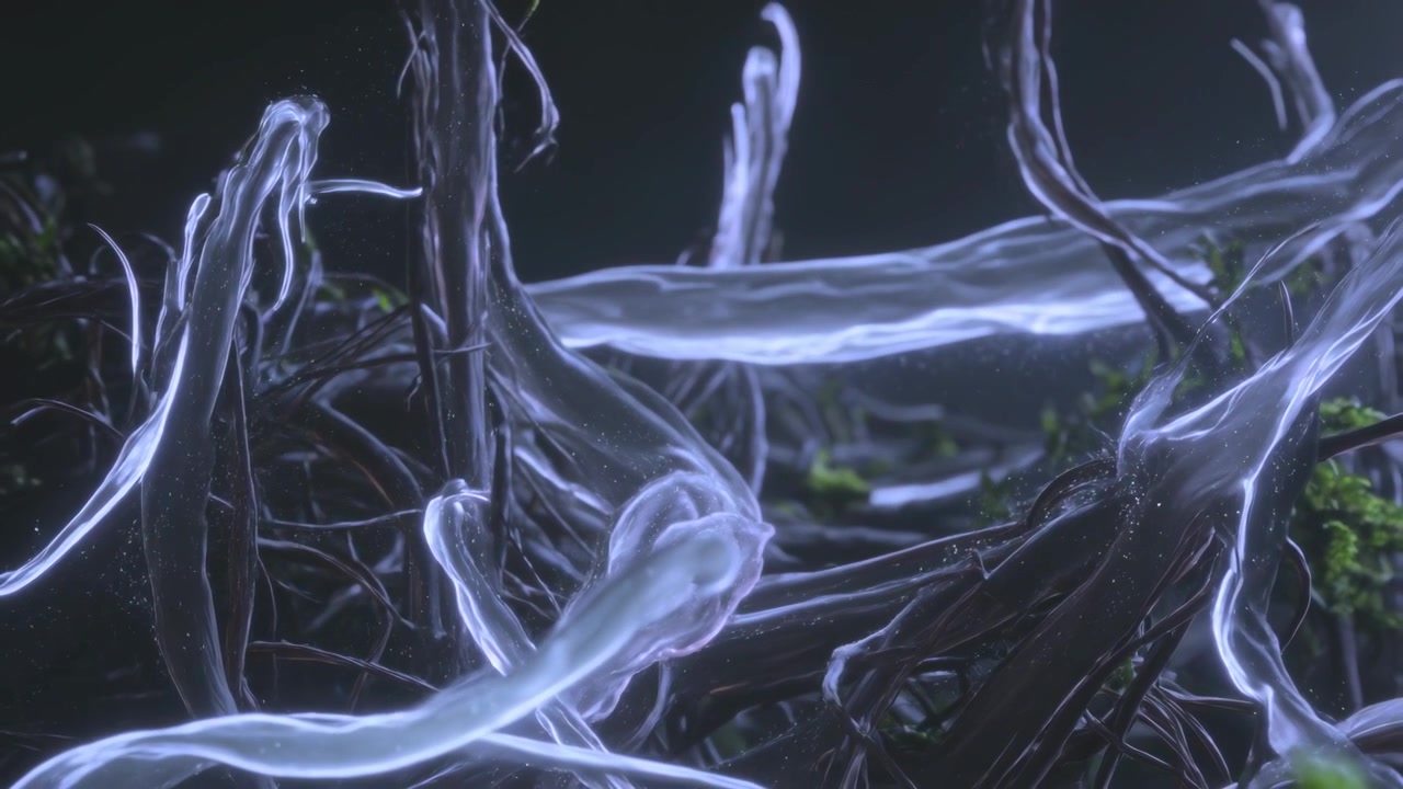Glowing translucent tubules pulsing forward after light pulse at close-up, bulbous tip advancing