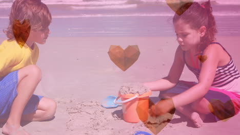 animación de iconos de corazón sobre hermanos caucásicos felices jugando en la playa
