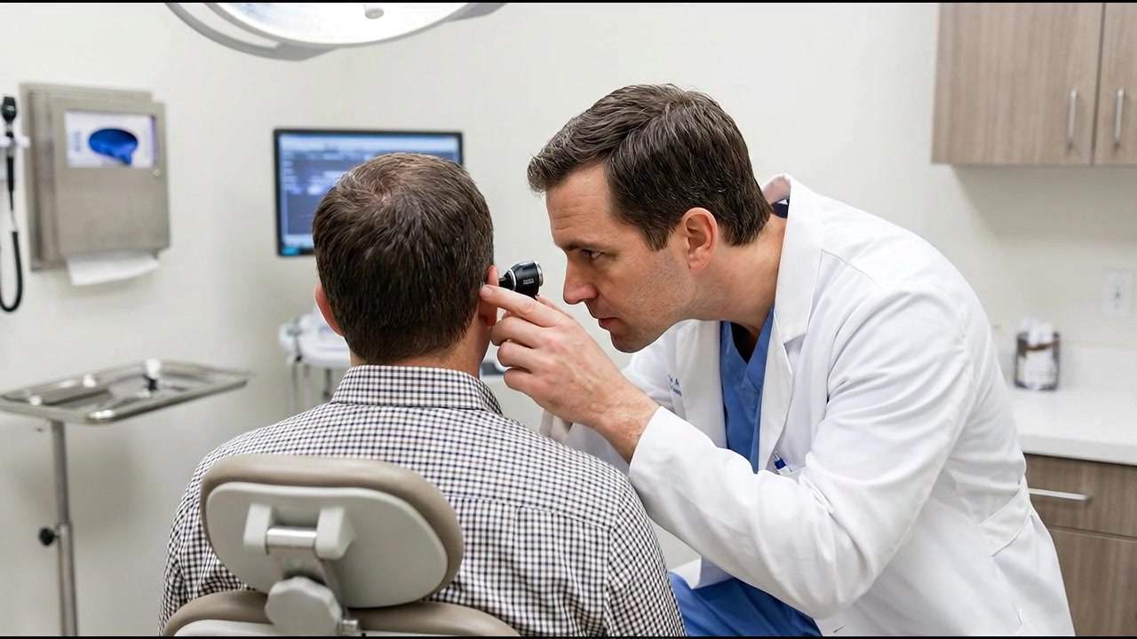 Médico realizando vacinação no joelho e exames de ouvido em pacientes masculinos com anatomia clara e detalhes clínicos