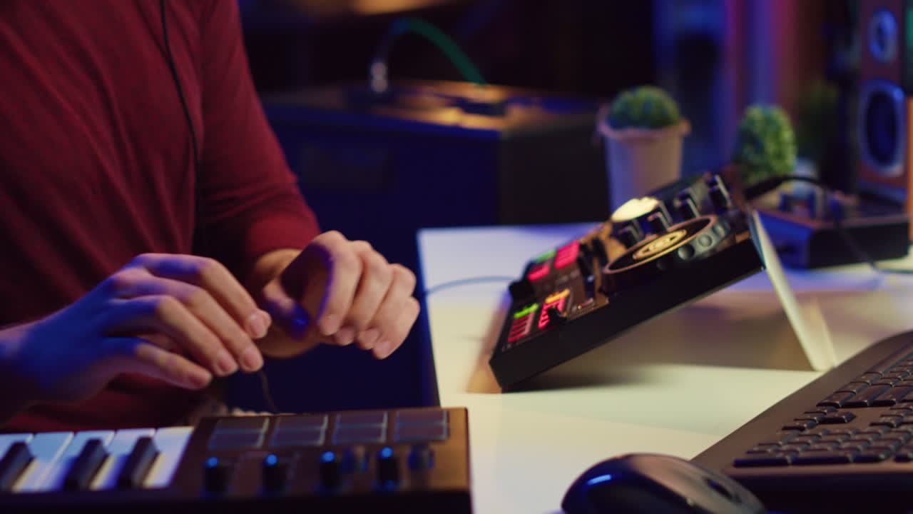 productor de música grabando notas de teclado de piano y editando en una consola de mezcla