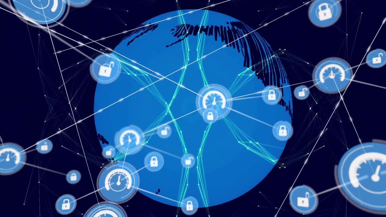 Gauge icons appearing driving globe rotating with padlocks linking network showing security