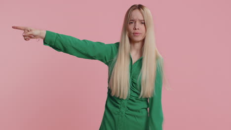 irritated caucasian woman pointing finger away asking to leave him alone strict boss firing conflict