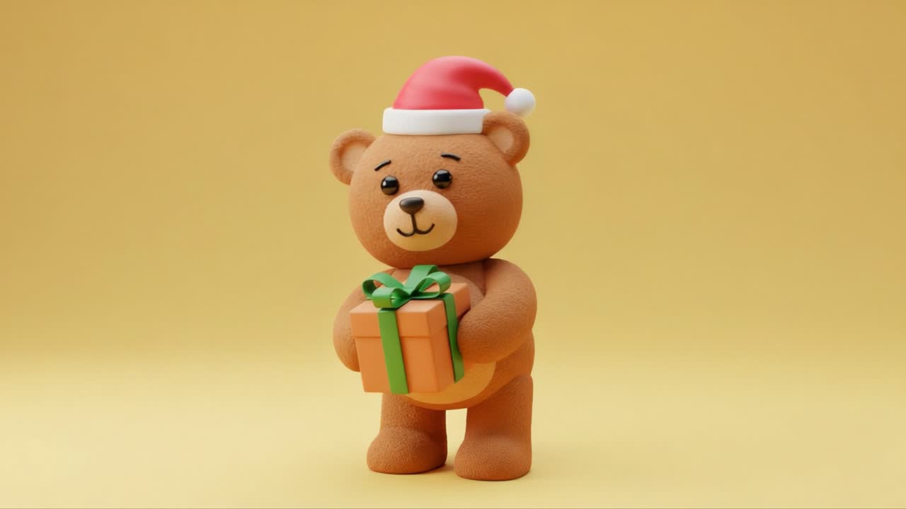 Cheerful Christmas Bear Holding a Gift: A Delightful Representation of Holiday Spirit and Joy with a Cute Teddy Festively Adorned in a Santa Hat