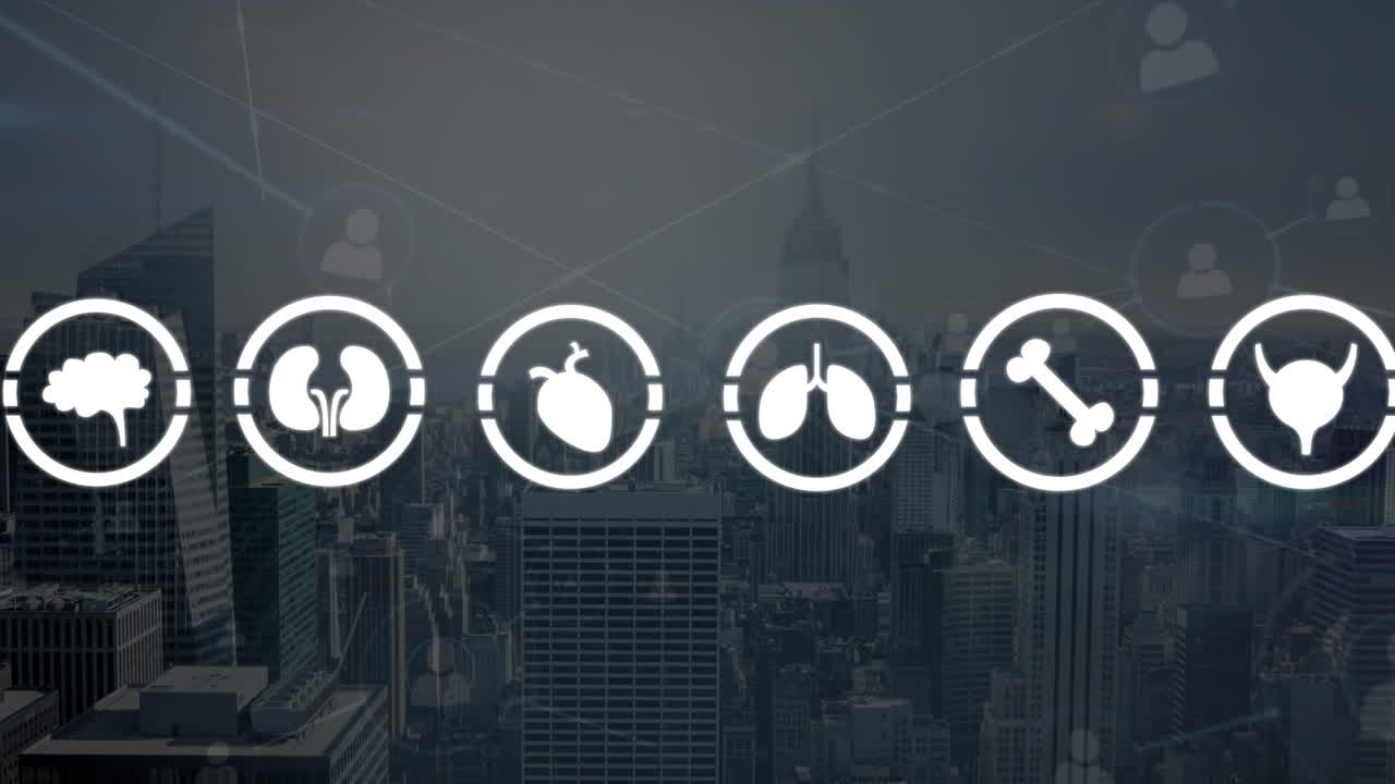 Multiple medical icons and network of profile icons against aerial view of cityscape