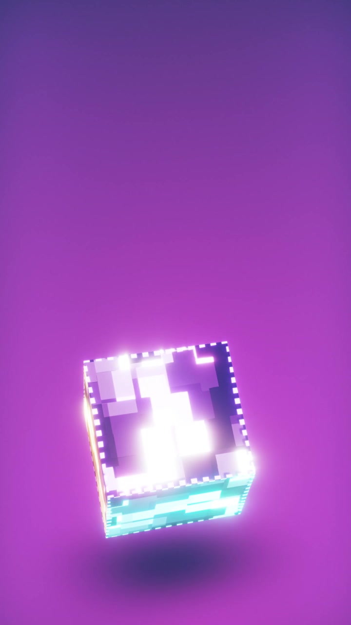 10 sekunders sømløst vertikalt 9:16 loop af en 3D-terning med glødende pixeleret mosaikmønster. Langsom rotation på en levende lilla gradient. Minimalistisk baggrund til mobilapps, TikTok og digitale introer