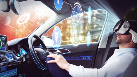 Animation-of-icons-over-businessman-wearing-vr-headset-in-self-driving-car