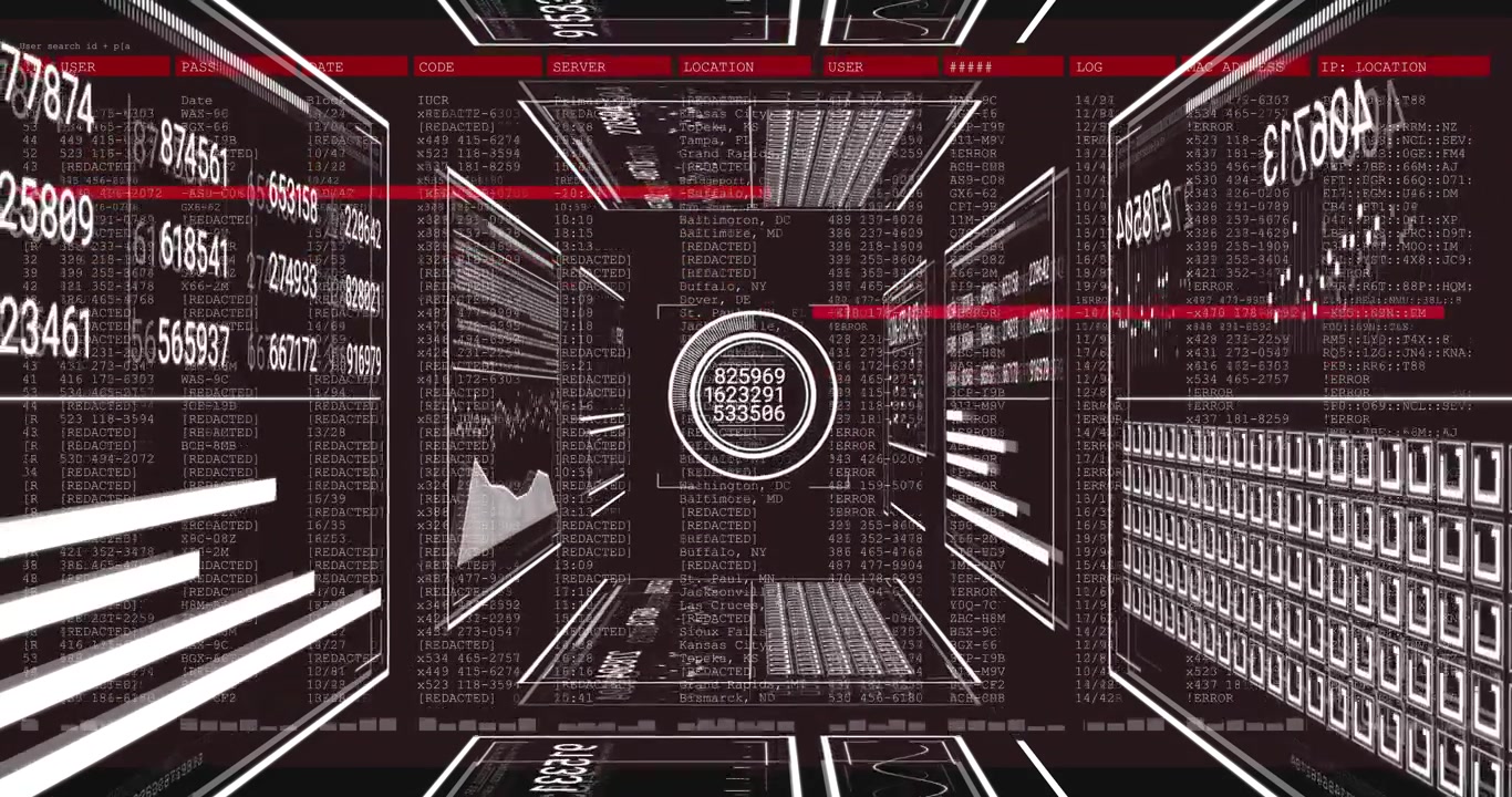 Wireframe-korridor åbner tunnel, rød stråle scanner datapanelet og opdaterer aflæsninger til analyse.