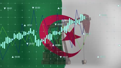 Animation-of-financial-data-processing-and-flag-of-algeria-over-oil-pump