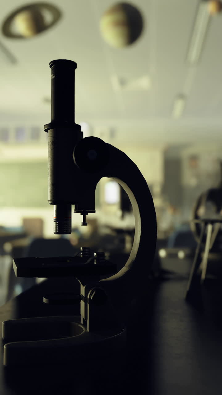 Dimly lit classroom showcasing microscope and planetary models at rest