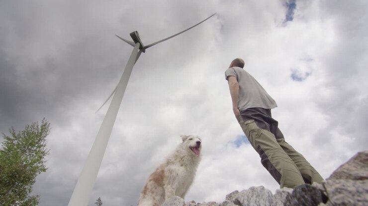 One man and his dog stand below a huge wind turbine