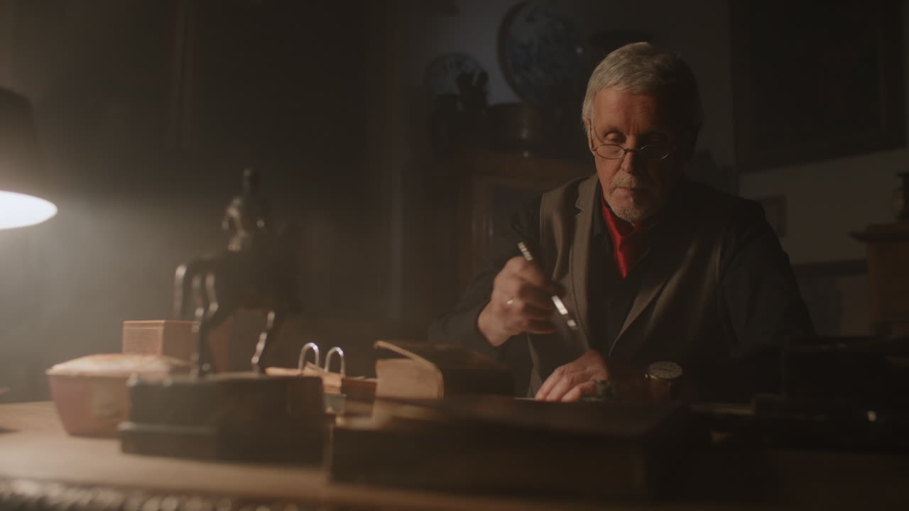 Old passionate man writes a letter in his office at night