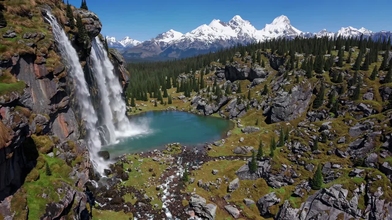 Aerial video captures a majestic waterfall cascading into a turquoise pool, surrounded by rugged