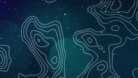 animation of white contour lines moving over snowflakes and blue bokeh lights on blue background