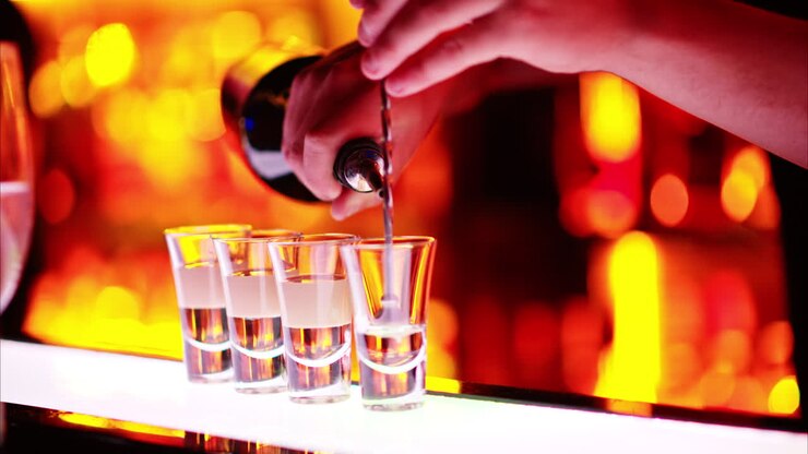 Barman che prepara cocktail con alcolici a tre strati al bar di notte con luci al neon rosse, slow motion