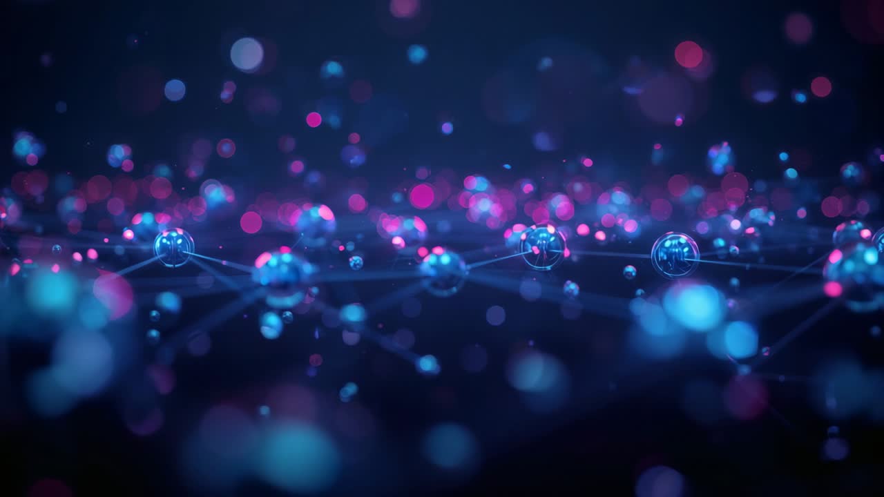 Band of blue spheres pulsing in dark virtual space, with glowing links and drifting pink-blue bokeh