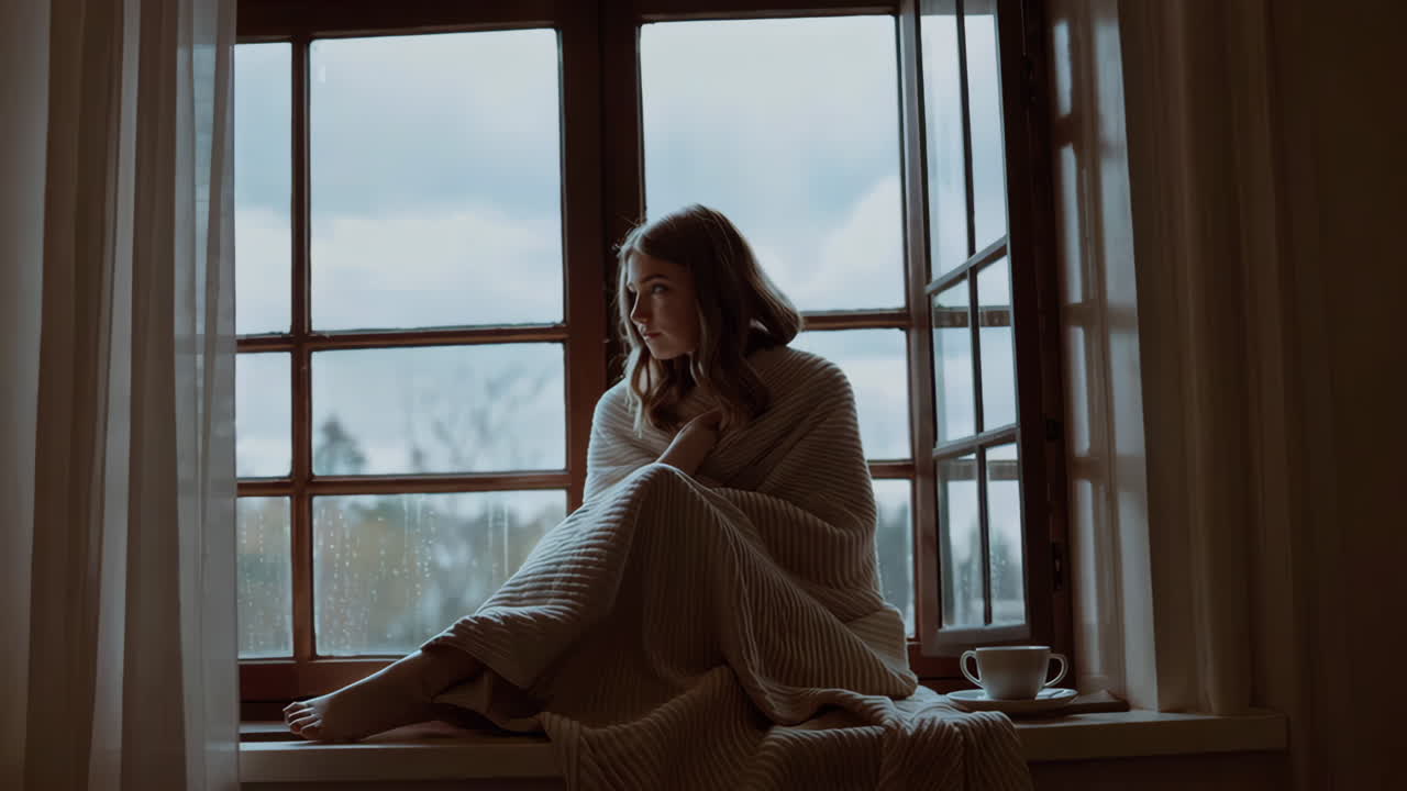 Woman sitting by the window on a rainy day