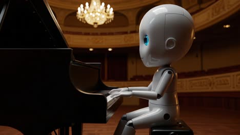 a futuristic robot virtuoso: a humanoid robot pianist captivating an empty concert hall with its melodic artistry, merging technology and music spectacularly