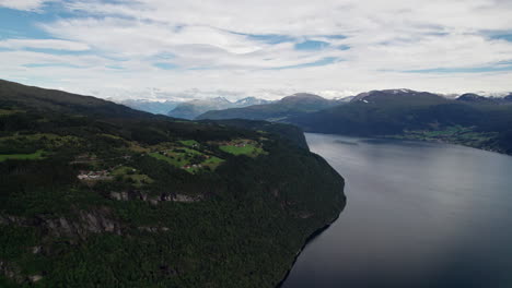 aerial shot, panning around a forest covered headland in a large fjord in norway