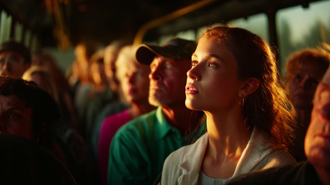 A Thoughtful Moment Captured on a Bus Journey, Highlighting the Expressions and Emotions of Passengers as the Warm Light Sets a Reflective Mood Throughout the Scene