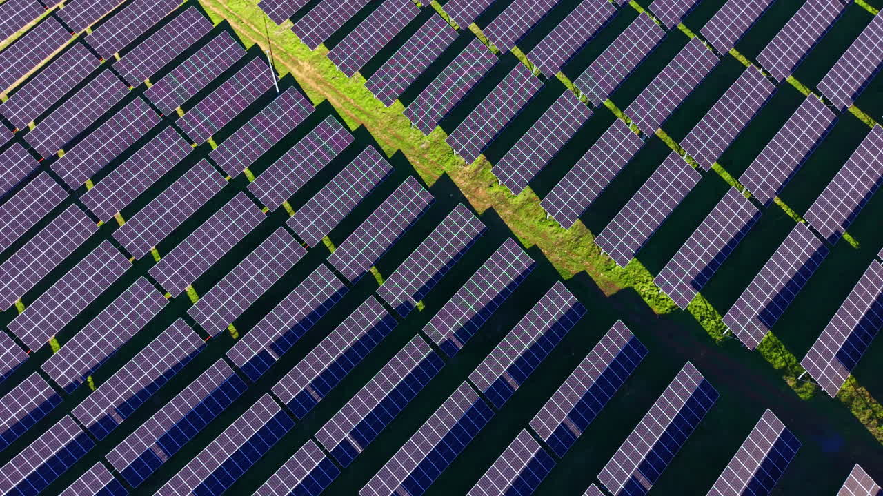 I pannelli solari coprono una vasta area, disposti in file e colonne, all'interno di un impianto di energia rinnovabile situato in un paesaggio aperto durante le ore diurne.
