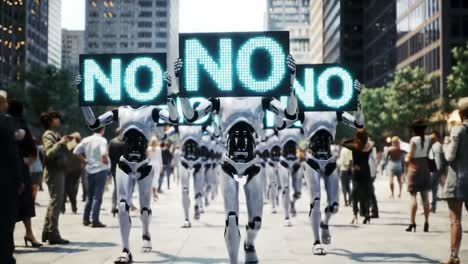 a stunning display of robots marching in unison, protesting with digital signs saying 'no', against the backdrop of a busy urban cityscape