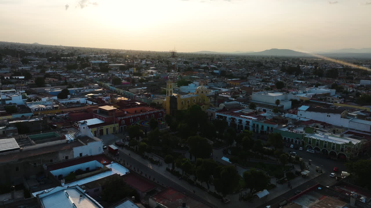 Aerial View of a Historic Mexican Town at Sunset