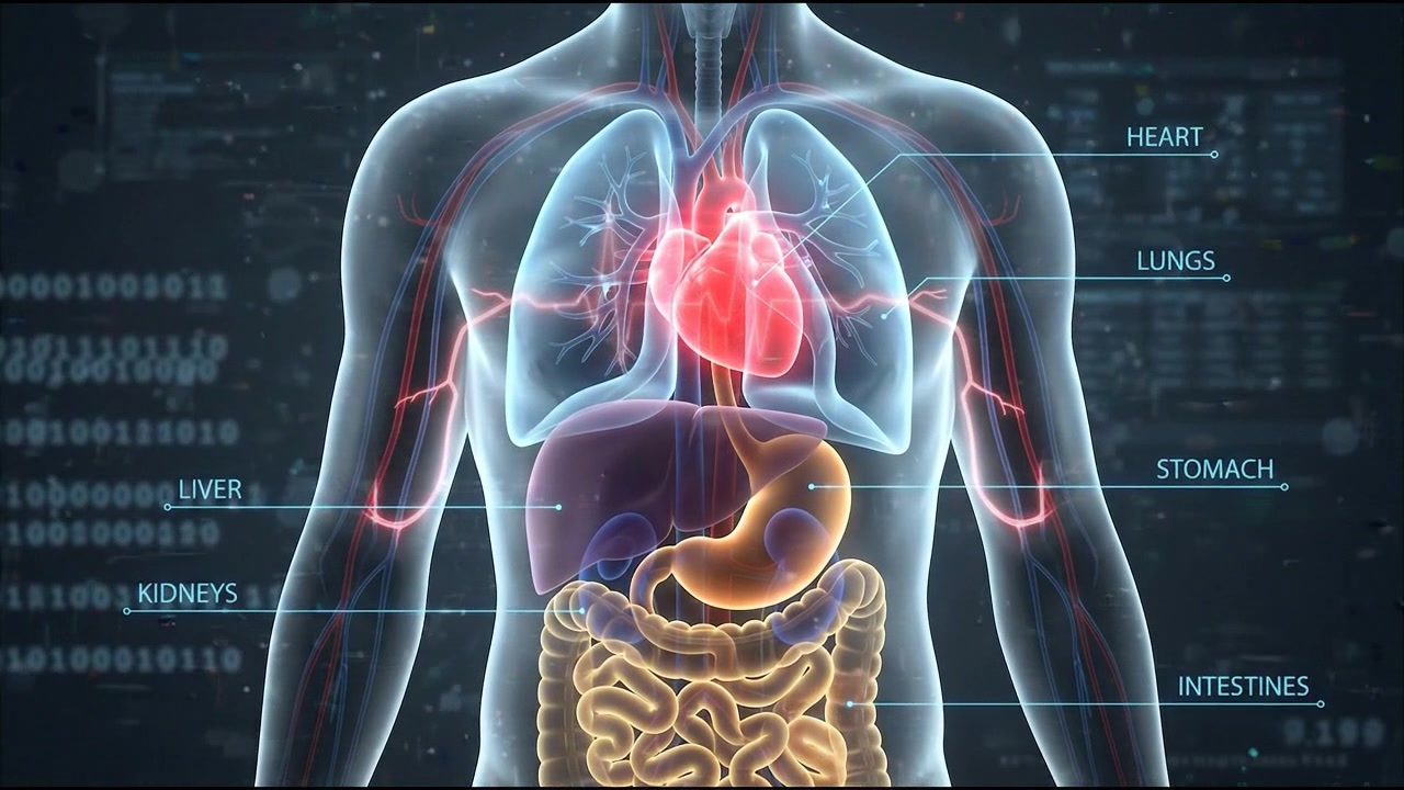 Transparent torso anatomy with heart stomach liver and intestinal organs highlighted