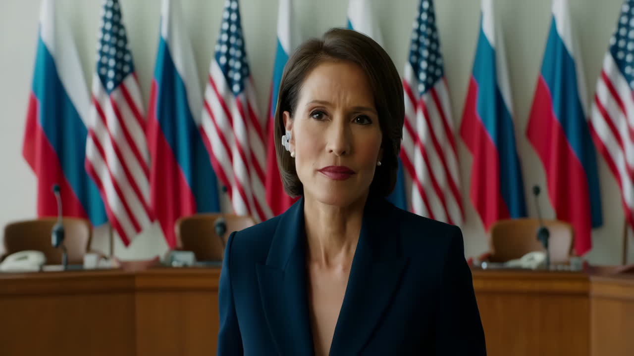 Woman in Diplomatic Setting with US and Russian Flags
