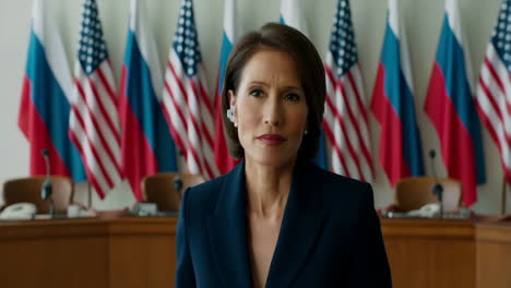 woman in diplomatic setting with us and russian flags