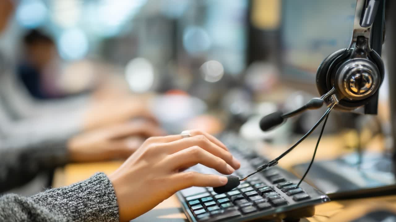 A Focused User Engaged in Computer Tasks with a Keyboard and Headset, Highlighting Modern Work Dynamics and Digital Communication