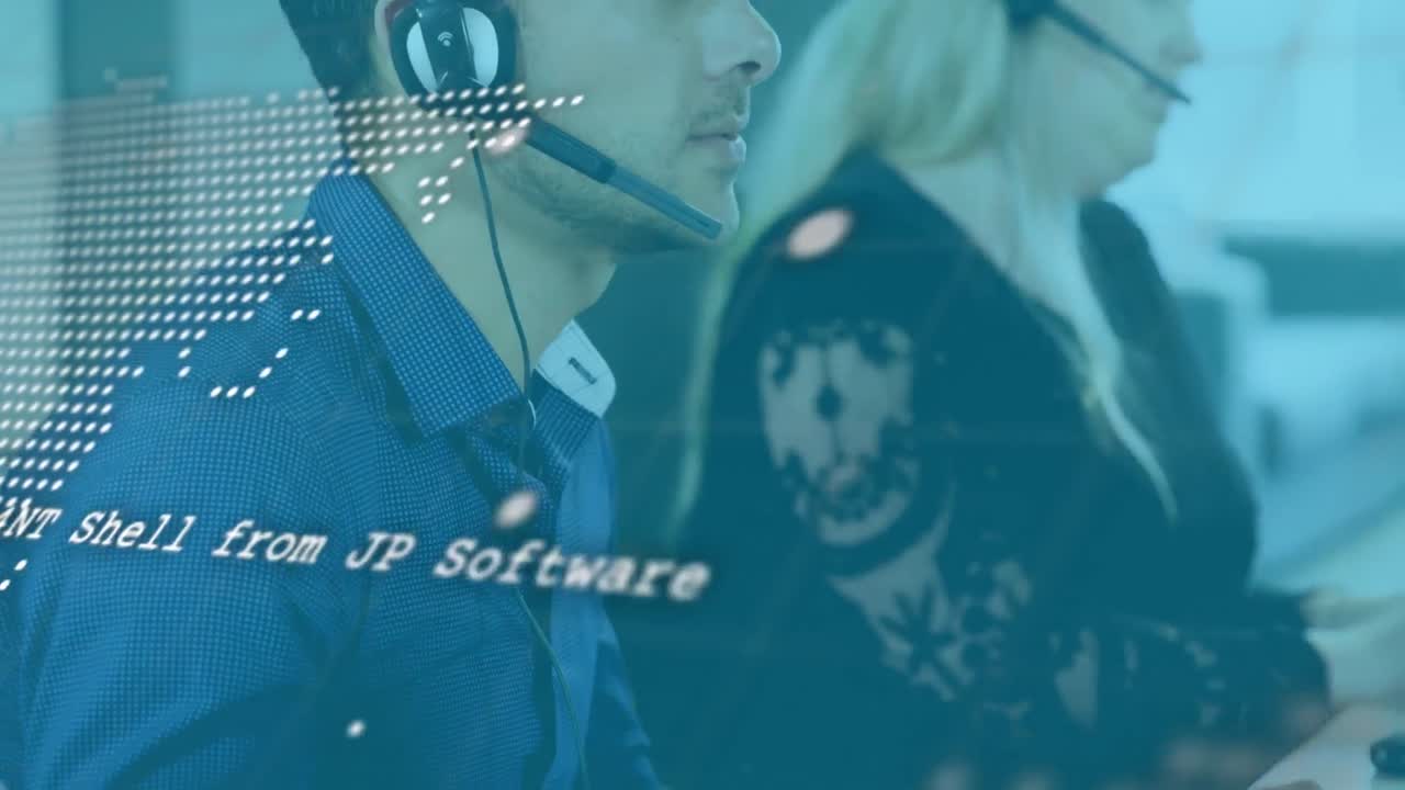 animación de datos en línea sobre diversas personas de negocios que usan auriculares de teléfono