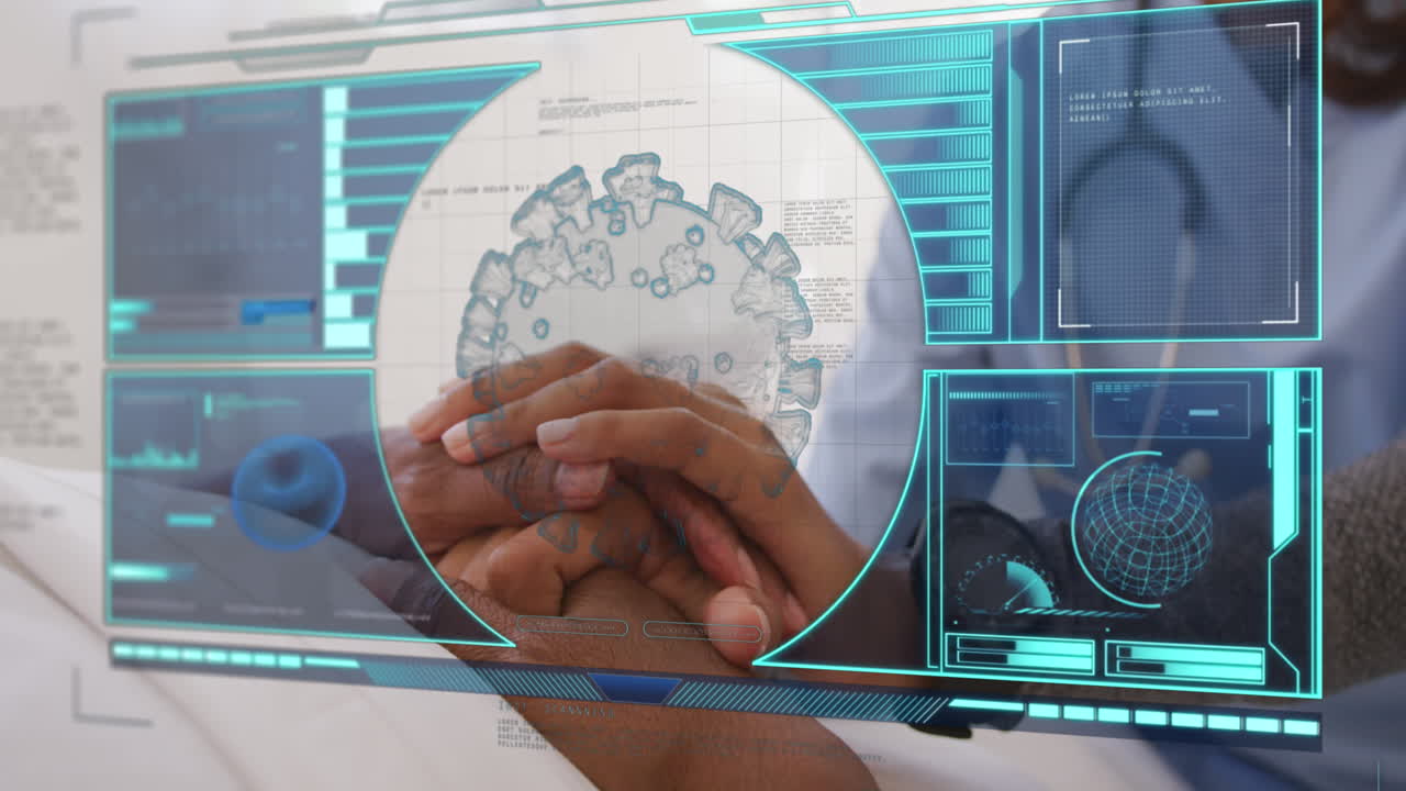 Animation of covid 19 cell and scope scanning on digital screen over doctor and patient