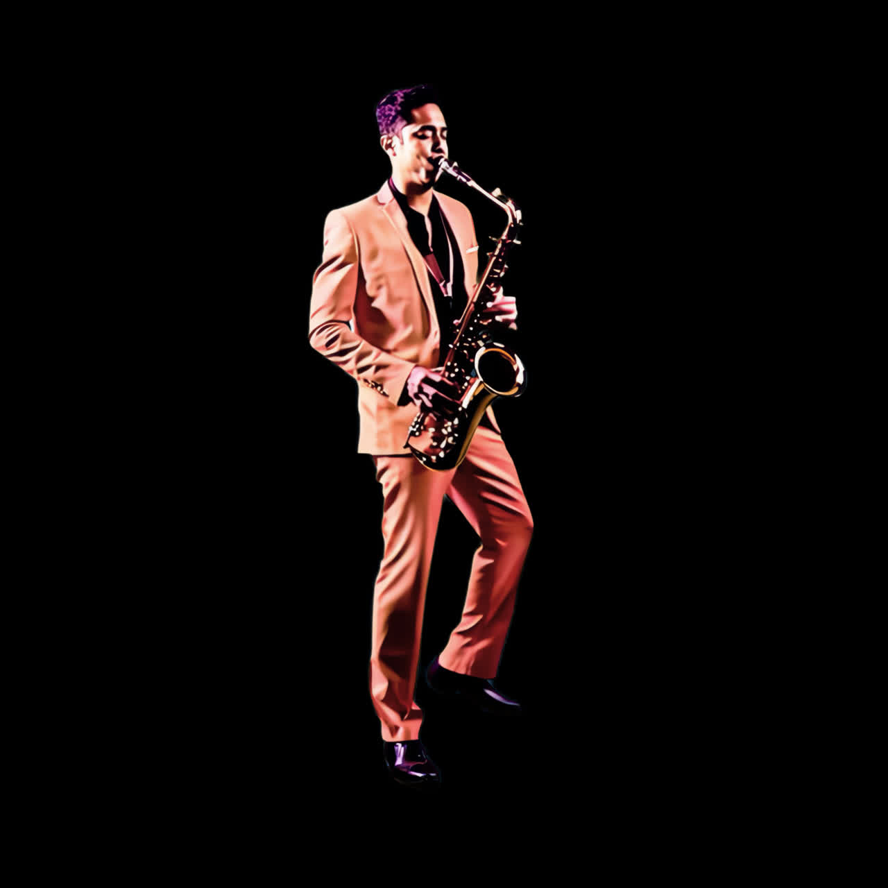 Animazione di un sassofonista elegante che suona musica, risorsa isolata, video 4K trasparente, canale alfa